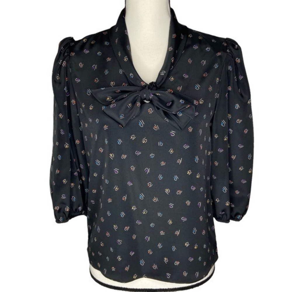 Vintage 80s Top Ronnie Ronnie Black Print Bow Tie Neck Puff Sleeve Blouse